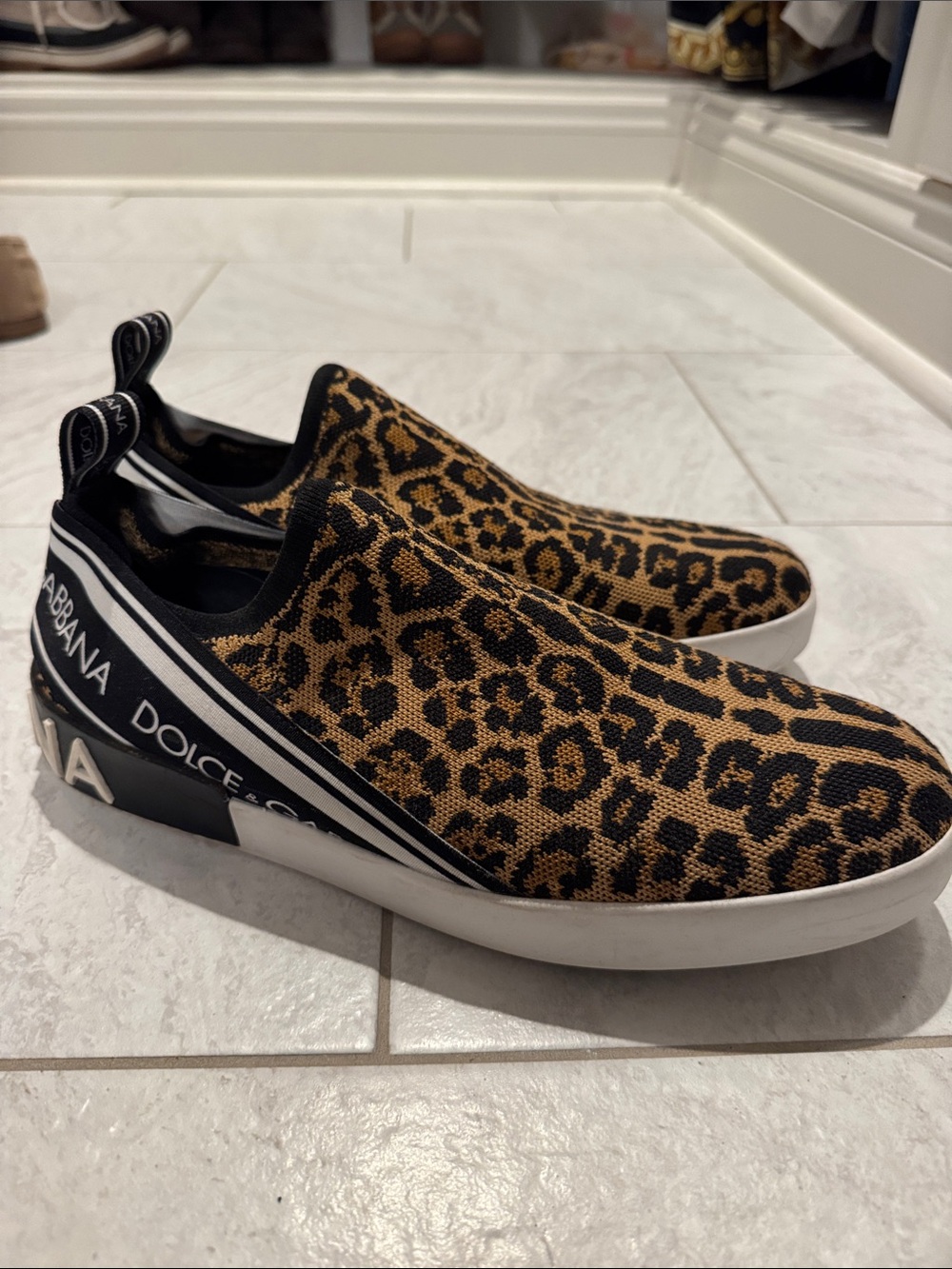 Dolce & Gabbana Leopard Knit Slip-On Sneakers — Black & Tan
